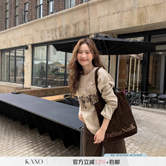 你好卡农 复古人物字母印花长袖t恤女春2025新款宽松圆领棉上衣