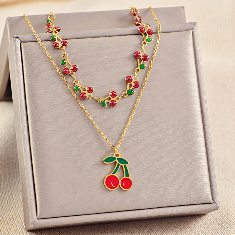 cable chain Chain Type 1 Piece Quantity PVD Coated Real Gold Plated Cherry Bow Knot Stainless Steel Sweet Waterproof Non Tarnish Titanium Steel Double Layer Necklaces