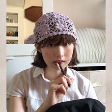 蓝墨竹日系手工钩织毛线帽子女春夏季薄款镂空花朵包头帽