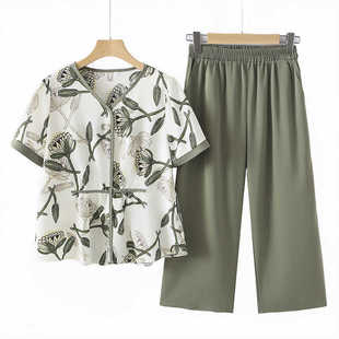 Mom's Summer Chiffon Suit 2025 New Middle-Aged and Elderly Women's Summer Style T-Shirt Short-Sleeved Top Two-Piece Set