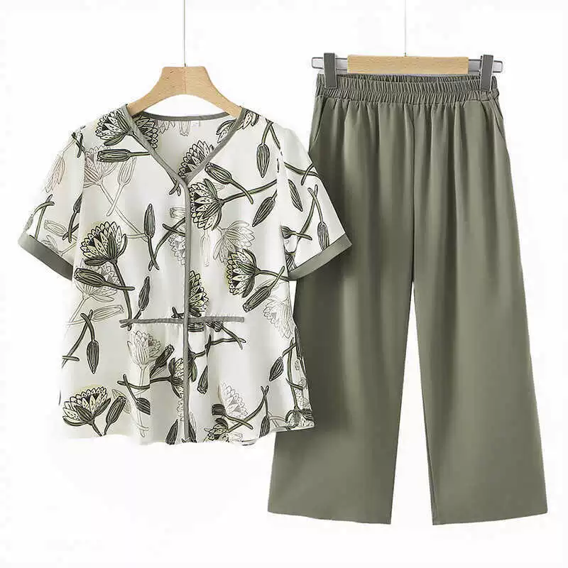Летний шифоновый костюм для мамы 2025, новый летний стиль для женщин среднего и старшего возраста, футболка с коротким рукавом, комплект из двух предметов