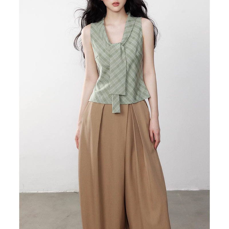 Green Plaid Elegant Led Vest Tight Waist Slimming Summer High-end Sleeveless Top