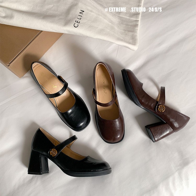 Zapatos Mary Jane de tacón alto retro francés 2024 primavera camelia boca baja punta cuadrada tacón grueso zapatos individuales mujeres