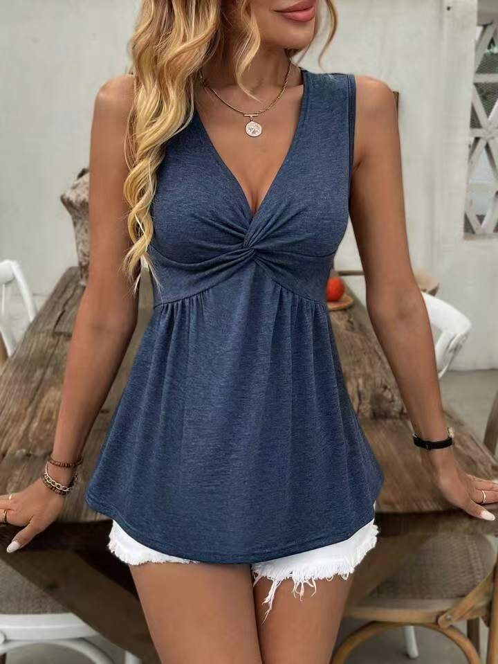Women's Sleeveless V-Neck Vest T-Shirt With Twisted Pleats Waist Cinching Summer Fashion Tank Top_ecoleips.com