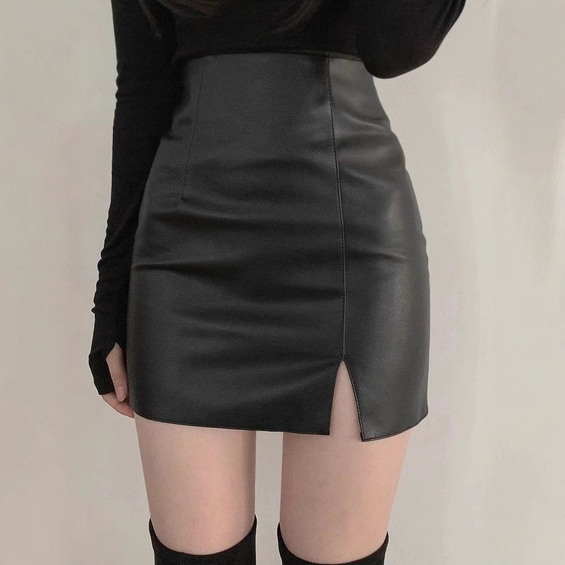 Black Slit Leather Mini Skirt for Women, New Autumn High-Waisted Slim-Fit Pencil Skirt, Pu Leather Short Skirt Black Slit Leather Mini Skirt for Women, New Autumn High-Waisted Slim-Fit Pencil Skirt, Pu Leather Short Skirt