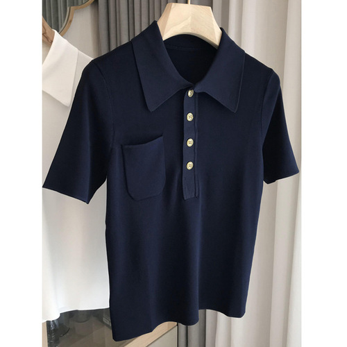Exceptionally slimming! Highly recommended! Stylish and versatile~ Silk-like French polo neck knit short-sleeved T-shirt for women