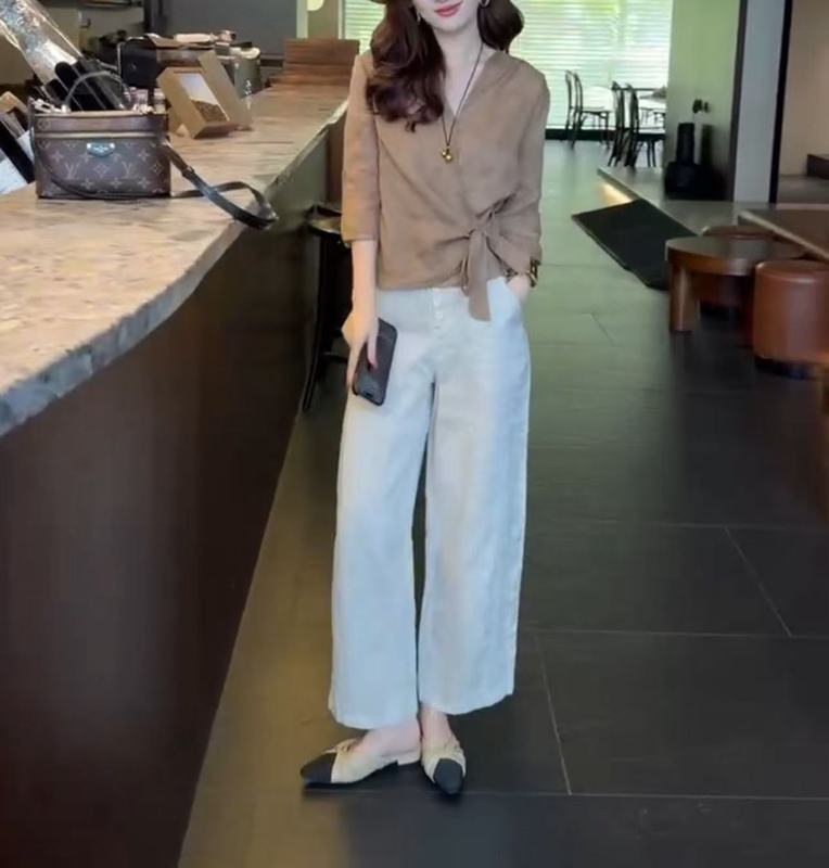 25689新大爱美依缘2025早秋新款V领系带上衣纯色阔腿裤显瘦时尚女|undefined
