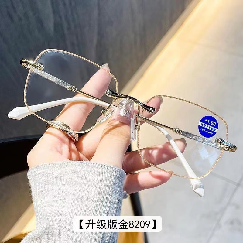 2025 nuevas gafas antiluz azul de alta definición de mediana edad sin marco de diamante recortado gafas antiluz viejas