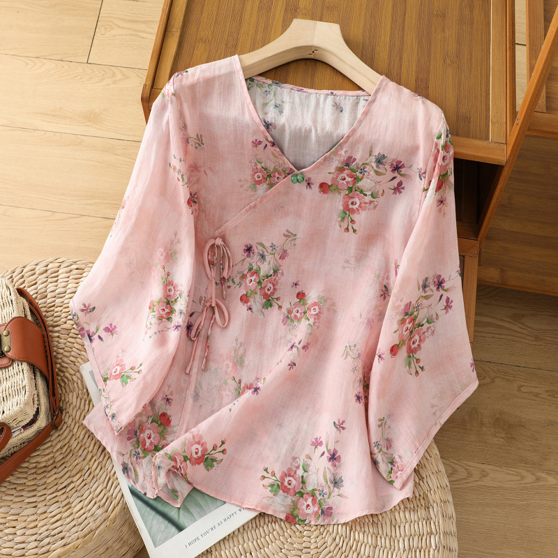 Three-Color Fresh Style Printed V-Neck Tie Cotton-Linen Half-Sleeve T-Shirt for Women, Loose Fit, 2026 Summer New Artistic Shirt for Women
