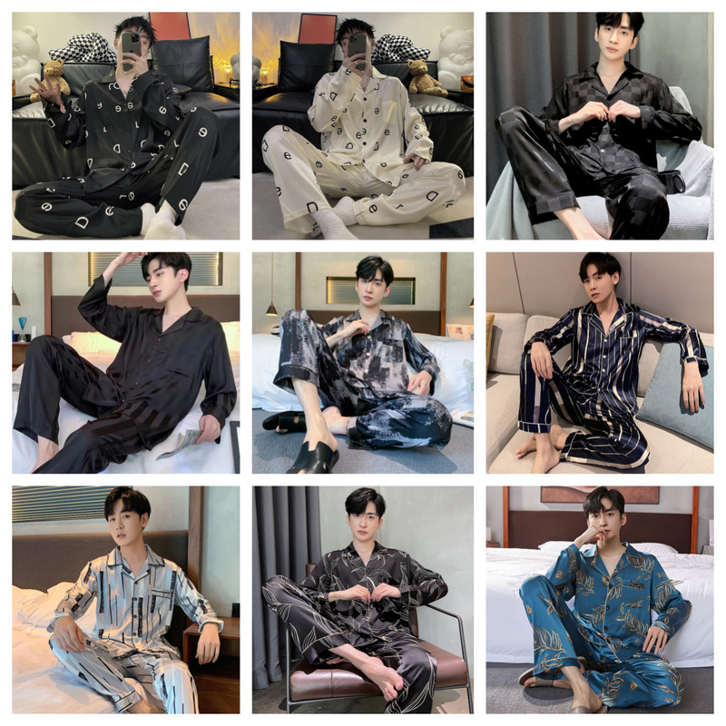 Ice Silk Long Sleeve Pajamas Summer Men's Two-Piece Set Spring and Autumn Home Clothes Summer plus size Thin suit New Style
