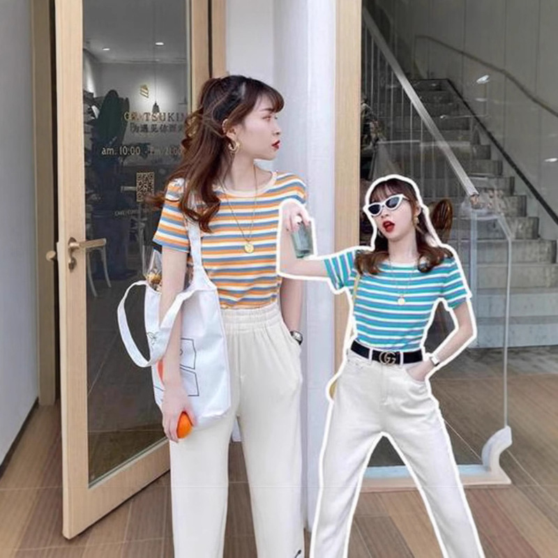 Striped Rainbow Short-sleeved T-shirt Women's Summer 2025 New Slim-fit Slimming Design Sense Half-sleeved Student Top