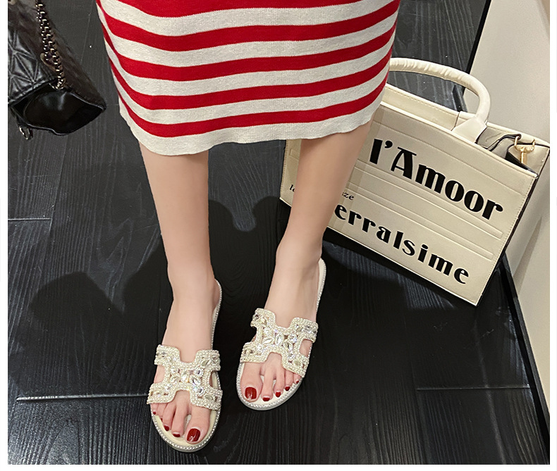 Piccole pantofole stile profumato da donna 2023 sandali piatti estivi stile casual moda strass parola_voghion.com