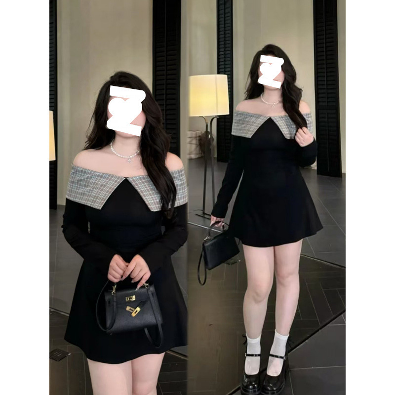 大码女装纯欲一字肩长袖连衣裙秋冬季胖mm修身显瘦|undefined