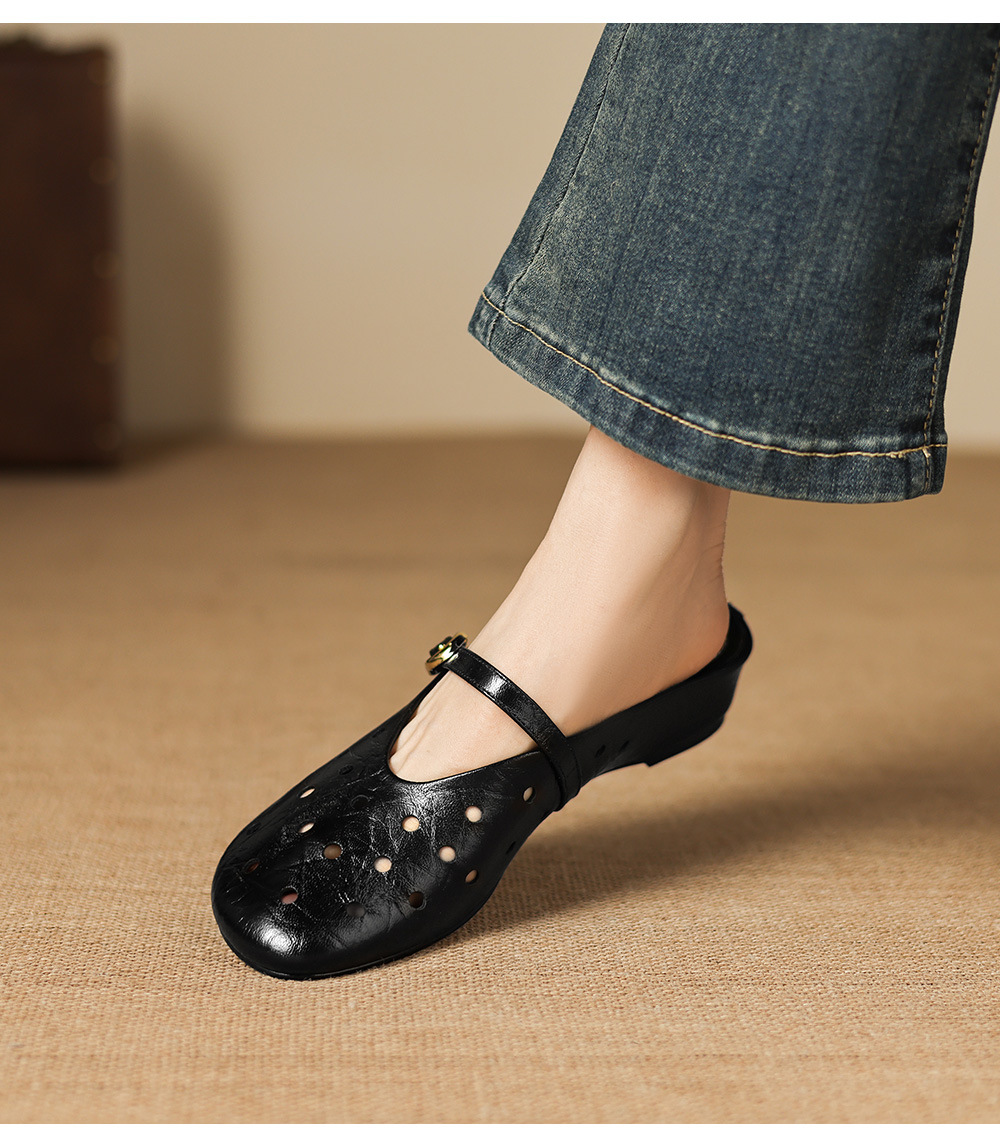 Sandal nữ da dê đục lỗ mũi trùm quai ngang hở gót — đen chi tiết 10