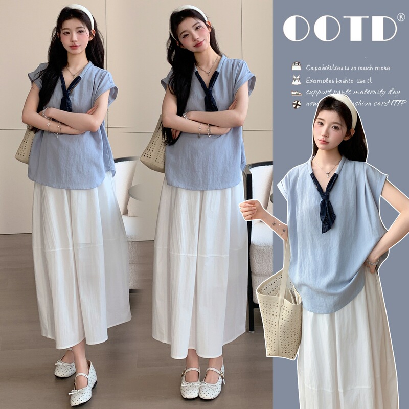 Maternity Summer Outfit Set 2026 New Style Tie-Up Top + Adjustable Workwear-Style Skirt Set for Pre and Post-Pregnancy Maternity Summer Outfit Set 2026 New Style Tie-Up Top + Adjustable Workwear-Style Skirt Set for Pre and Post-Pregnancy