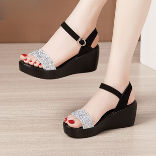 Wedge Rhinestone Sandals for Women 2024 Summer New Platform Thick Sole Large Size One-Line Buckle Versatile Open Toe Fish Mouth Sandals
