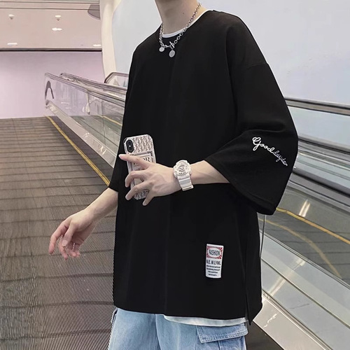 Seven-quarter sleeve men's t-shirt summer 2025 new style fashion brand trend loose large size T-shirt heavy short-sleeved clothes