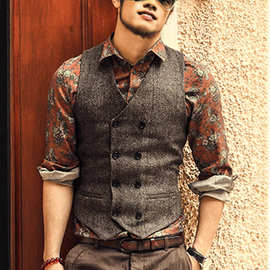 男式西装马甲韩版修身人字纹背心休闲商务伴郎男装礼服