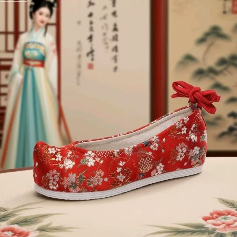 Обувь с бантом Обувь ханьфу Парча плетеная парча Жаккардовая обувь с гранатом Античная женская обувь