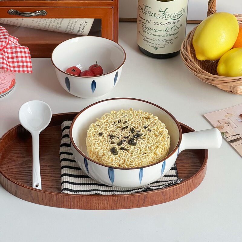 Chiba Minimalist Style Ceramic Bowl with Handle and Spoon, Single-Serving Underglaze Colored Rice Bowl, Underglaze Colored Tableware Set