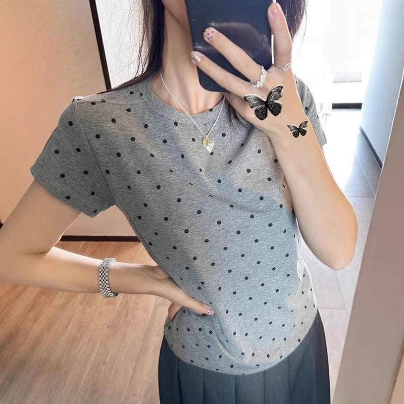 Gray Summer New Short-Sleeved Slim-Fitting Sweet T-Shirt for Girls with Right Shoulder Slimming Look Design Polka-Dot Top