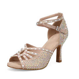 爵士舞高跟鞋heels鱼嘴网纱交叉绑带短靴女jazz专用舞鞋水钻细跟