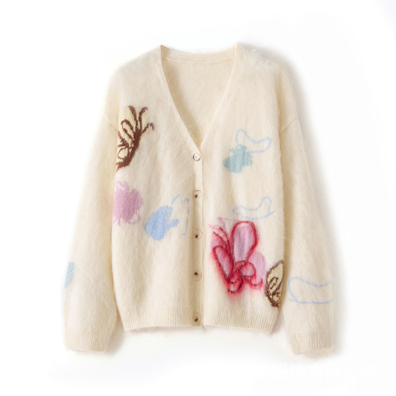Royal Brushed 25-Year New Women's V Neck Butterfly Intarsia Cashmere Cardigan Loose Thickeneded Knitwear Jacket