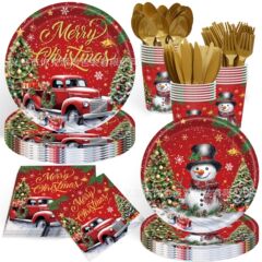 レッドクリスマスパーティー紙皿雪だるまスノーフレーククリスマスツリー使い捨て紙コップティッシュホリデーパーティー食器