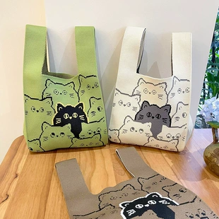 Knitted One-Shoulder Small Shoulder Bag, Cute Cat Pattern, Korean Style, Lightweight