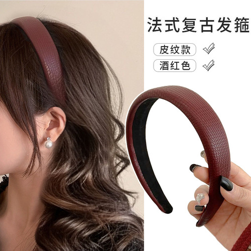 South Korea's new leather-textured headband burgundy niche texture retro Hong Kong style sponge high skull top zodiac year hair accessory for women