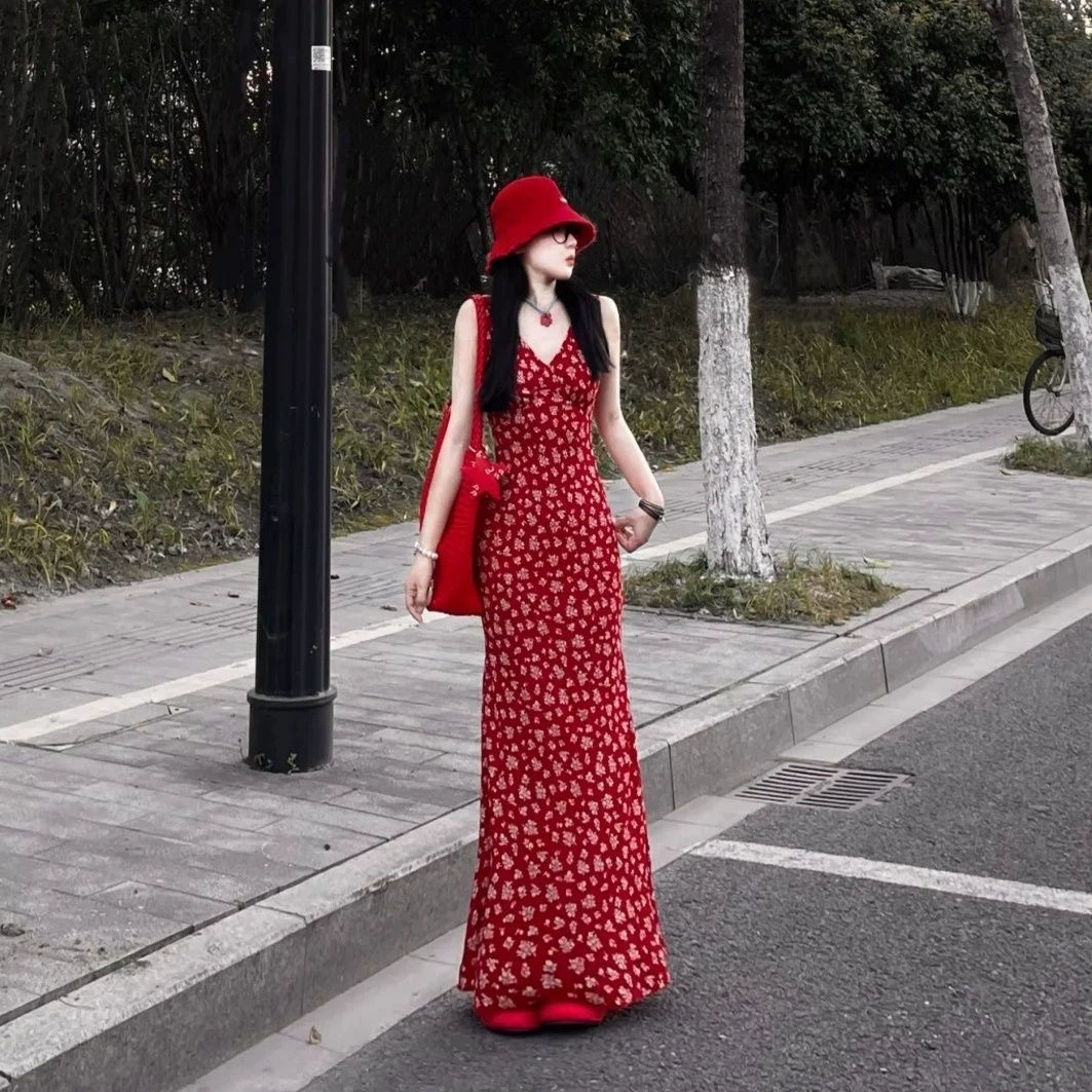 Юбка с цветочным принтом в стиле ретро, ​​красное платье, женская летняя сексуальная юбка трапециевидной формы, юбка на подтяжках, длинная юбка в праздничном стиле, морская длинная юбка