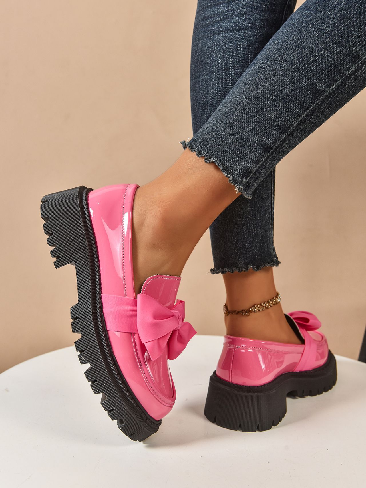 Women's Plus Size Bow Tie Platform Loafers For Autumn Leather_voghion.com