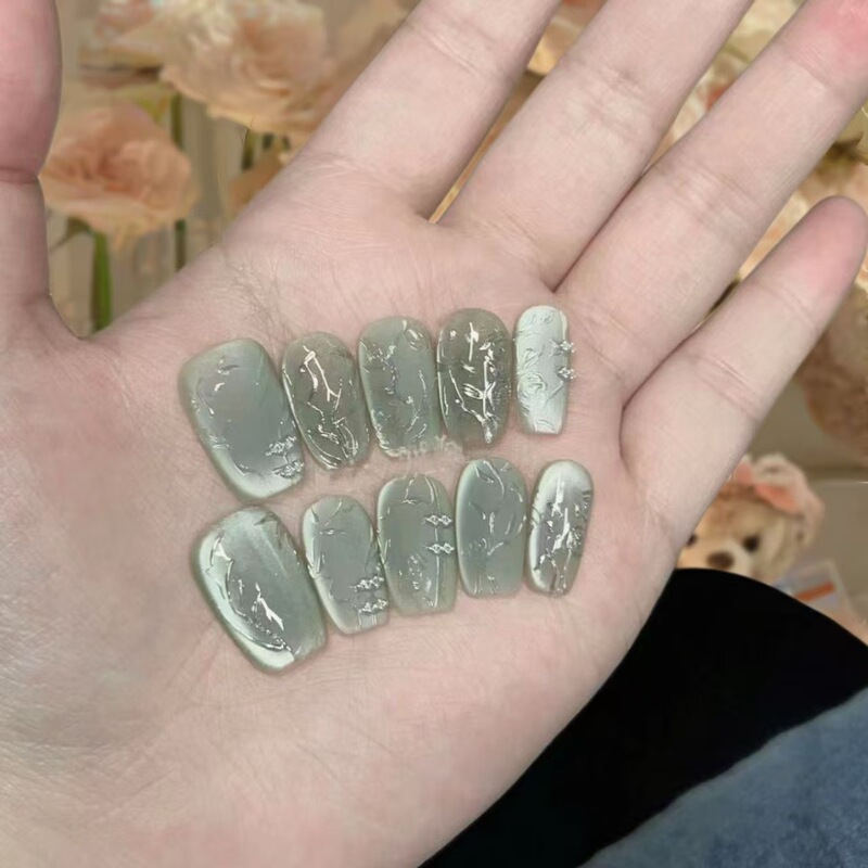 [Ruofu] High-Quality Handmade Eye Wearable Nails, New Chinoiserie National Style Emerald Green Cat Whitening Manicure Patches