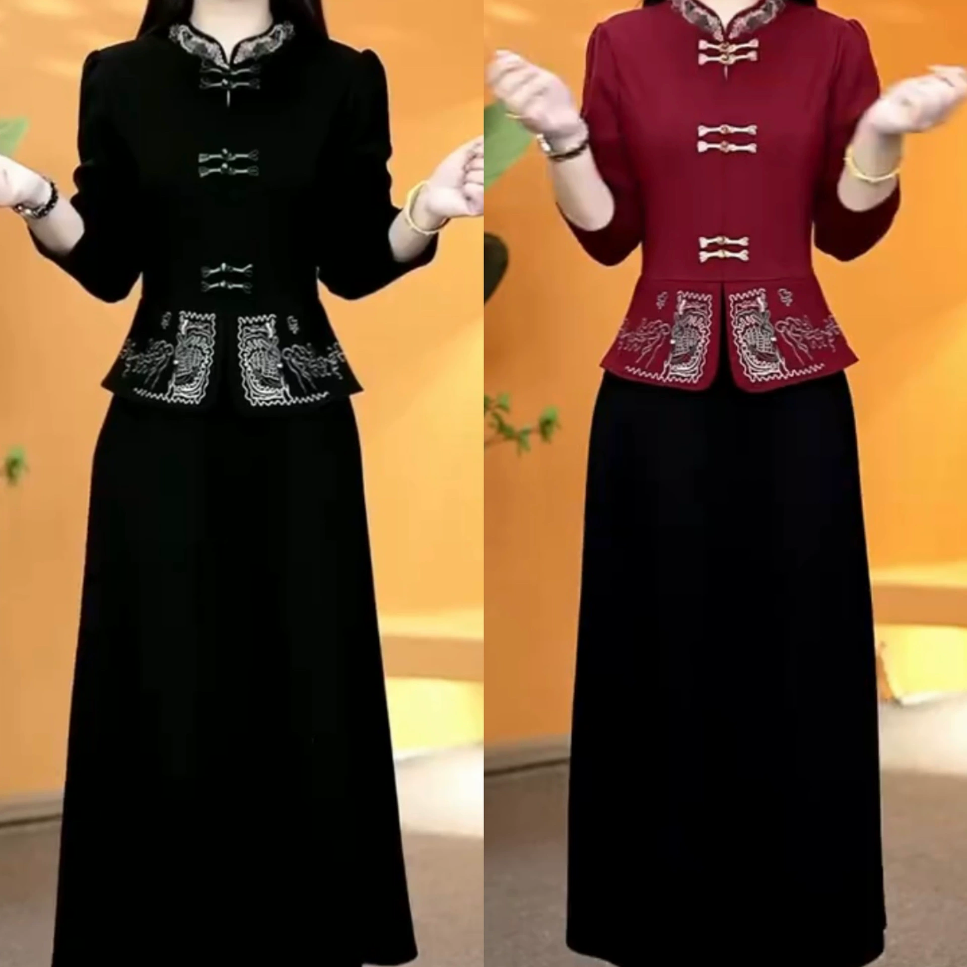 Весной и осенью новый 2025 средних лет мама платье с длинными рукавами юбка с иностранными модными свободными вышивками поддельное платье из двух частей