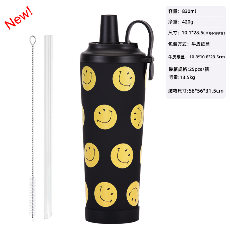 Nuevo tema sonriente de acero inoxidable termo taza con leche de paja taza de té taza de café traje mango deportes taza de agua