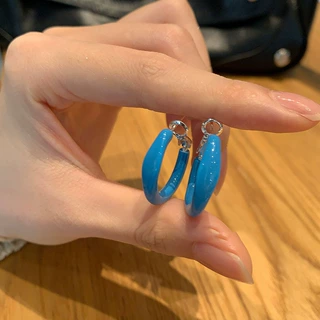 日韩时尚简约深蓝滴油圆圈耳环女小众个性独特设计感轻奢百搭耳圈