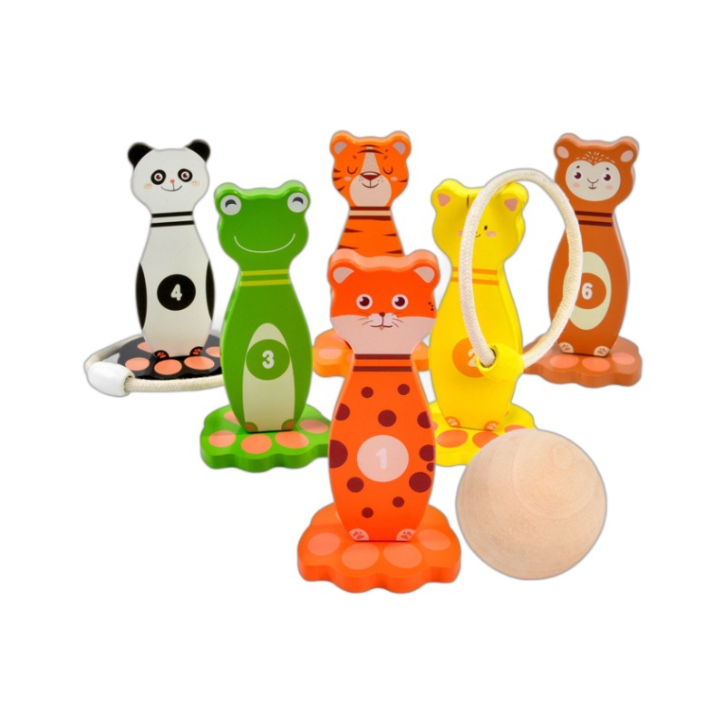 Anillo de bolos de animales de madera Juego interactivo entre padres e hijos para bebés Entrenamiento de agarre de rompecabezas Educación temprana de rompecabezas para niños y niñas