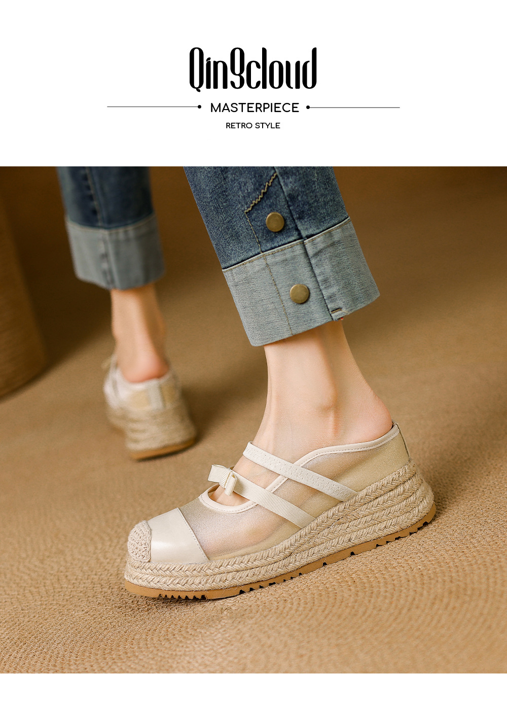 Mule nữ mũi nhọn bít đế xuồng cao gót 5 cm phong cách boho — màu trắng ngà, Chấm bi trắng kem chi tiết 1