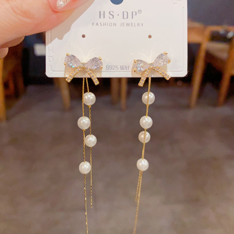 軽豪華ファッション高級感の小さいジルコンの蝶結びの2つは長いタイプのフリンジのイヤリングのアクセサリーの源のメーカーをつけます。|undefined