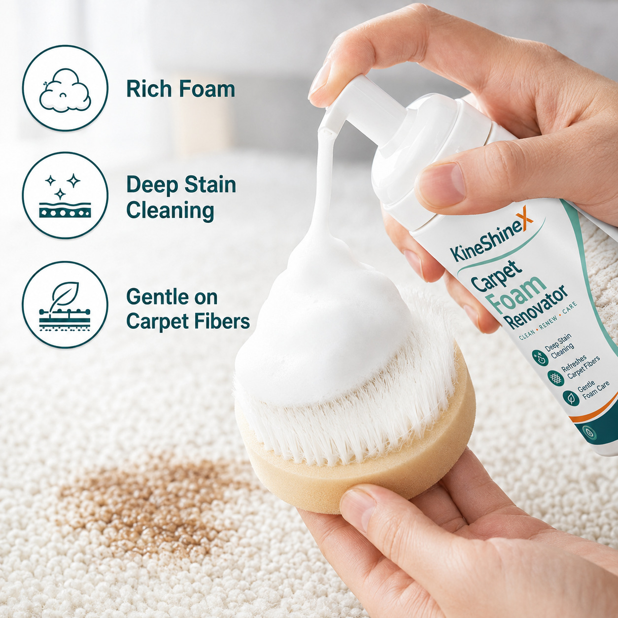 KineShineX Fabric Carpet Cleaning Foam Gentle Stain Remover for Home Carpet Renewal, No Water Required