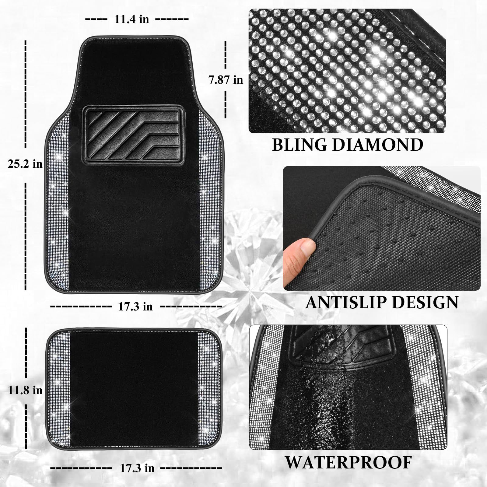Cross-Border Foreign Trade Crystal-Encrusted Diamond Car Floor Mats, Universal Fashionable Shiny Carpet, Pvc Waterproof and Dirt-Resistant 4-Piece Set