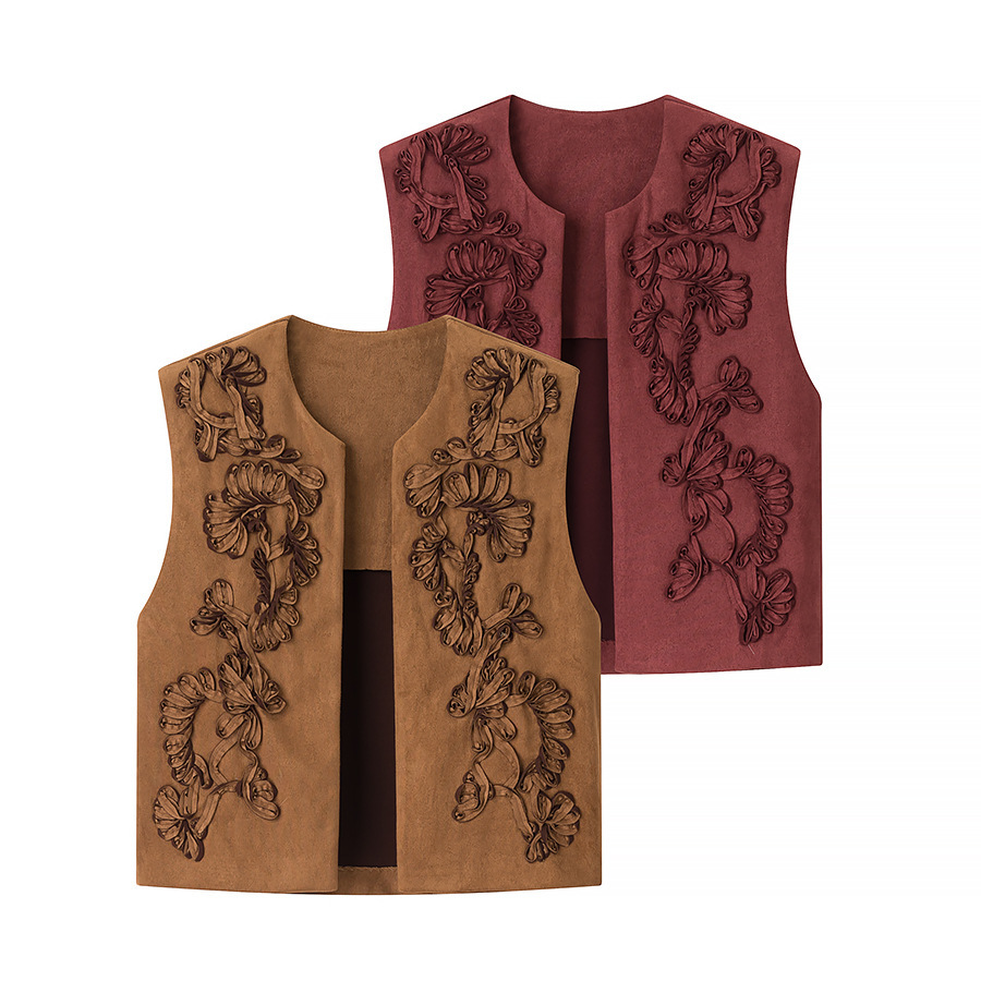 2025 Summer New European and American Cross-Border Women's Street Fashion Suede Texture Embroidered Vest 2669