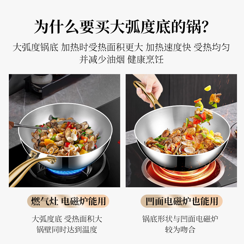 316 Wok de acero inoxidable, fondo plano doméstico, sartén sin recubrimiento, sartén antiadherente, cocina de inducción gruesa dedicada