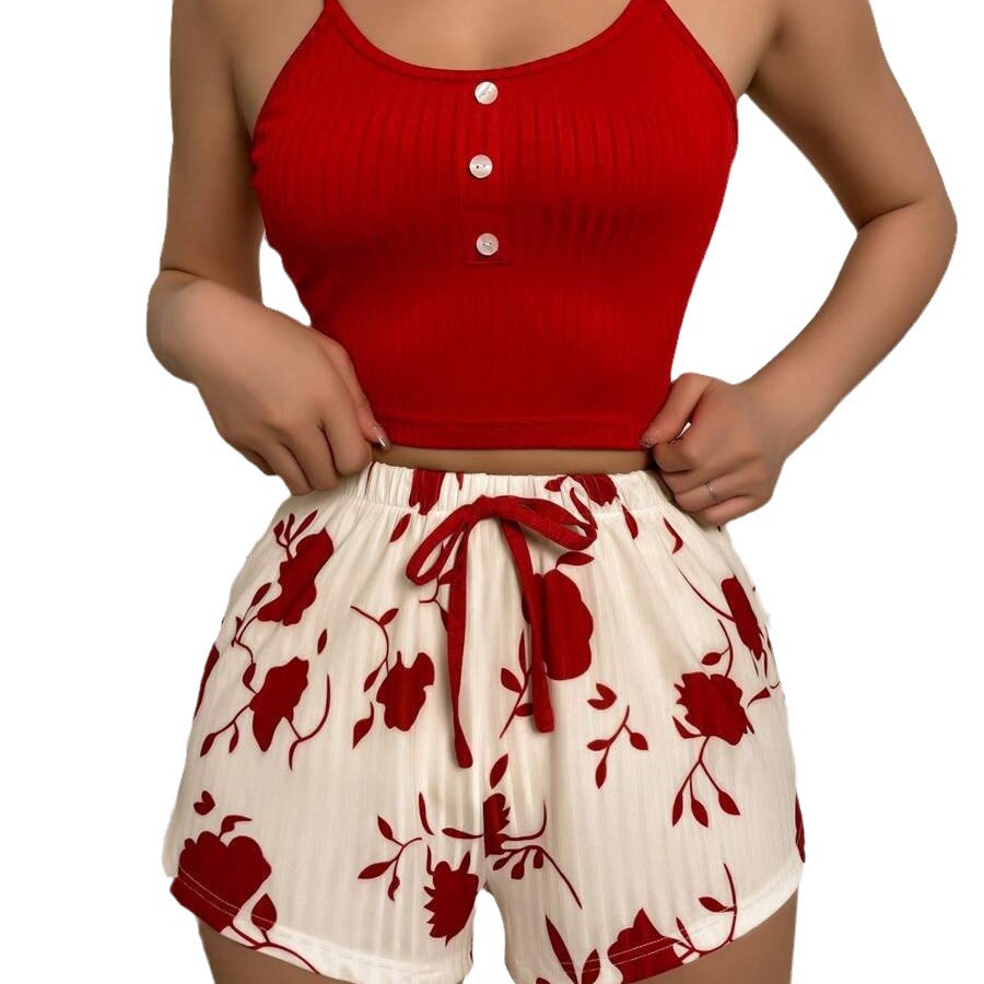 ChicShe Cross-Border Hot-Selling Women's Homewear Printed Camisole Shorts Casual Sexy Ribbed Wearable European And American_voghion.com