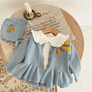Spring and autumn all-matching baby girls' lotus leaf hem wheat ear embroidered coat cotton long-sleeved cardigan coat hat selection