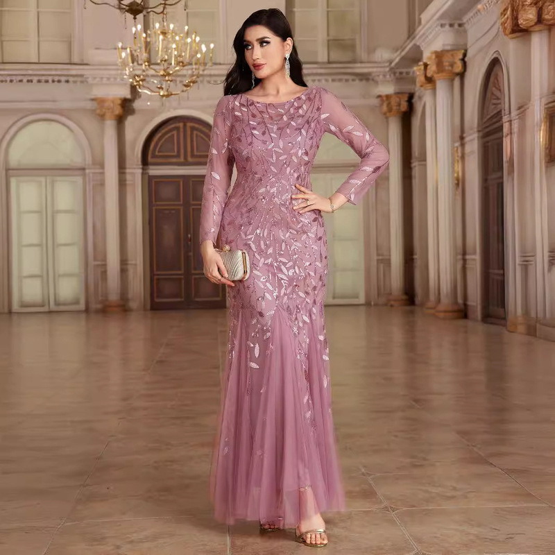 2025 European and American Cross-border Hot-selling Long-sleeved Round Neck Fully Lined Back Zipper Fishtail Dress Banquet Evening Dress Women's in stock