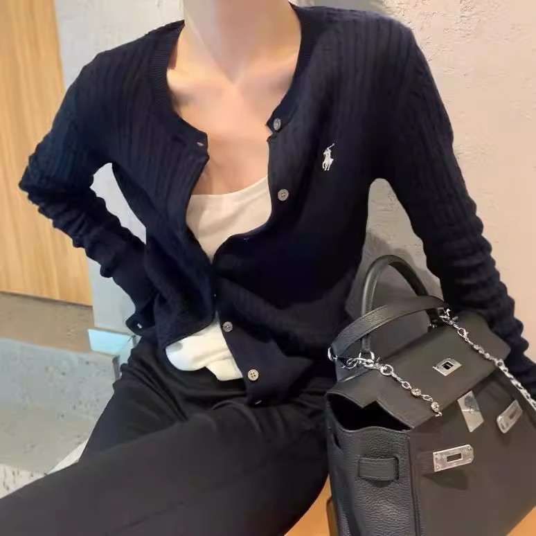 拉夫小马圆领刺绣针织开衫女新款复古麻花显瘦针织衫上衣外套毛衣|undefined