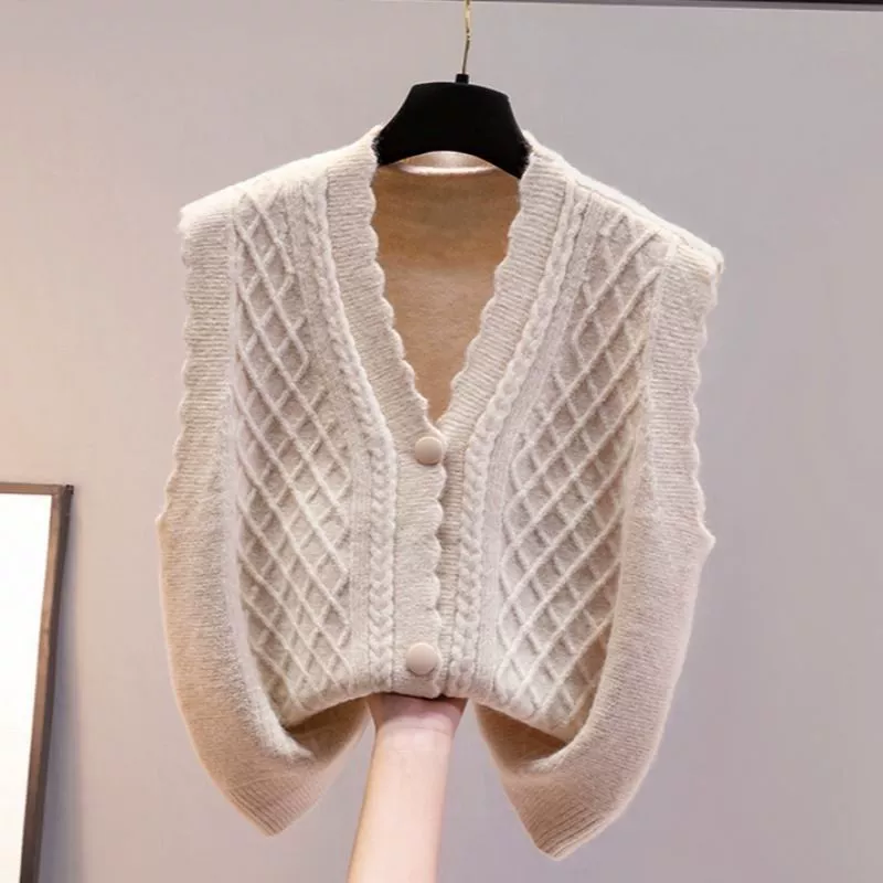 Вязаный осенний жилет, короткий шерстяной кардиган, свитер, oversize, V-образный вырез