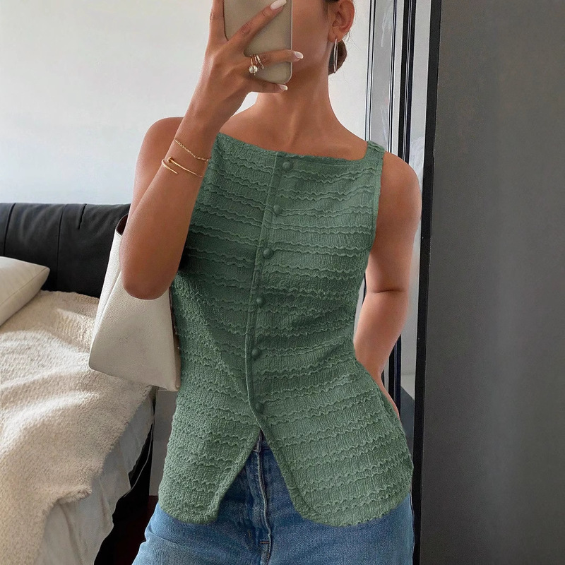 Amazon European and American Explosions 2025 Summer New Women's Cardigan Square Collar Pinch Pleated Sauersucker Waist Small Vest for Women