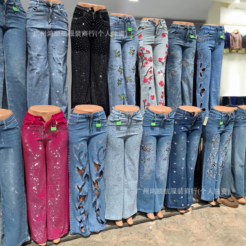 Cargo Jeans Women's Rhinestone Denim Pants Boyfriend Jeans Wide-Leg Pants Long Pants Women's Wholesale in Stock Cargo Jeans Women's Rhinestone Denim Pants Boyfriend Jeans Wide-Leg Pants Long Pants Women's Wholesale in Stock